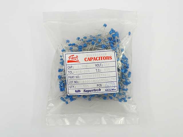 絶縁ラジアルリード型積層セラミックコンデンサー 1.5μF25V5mm